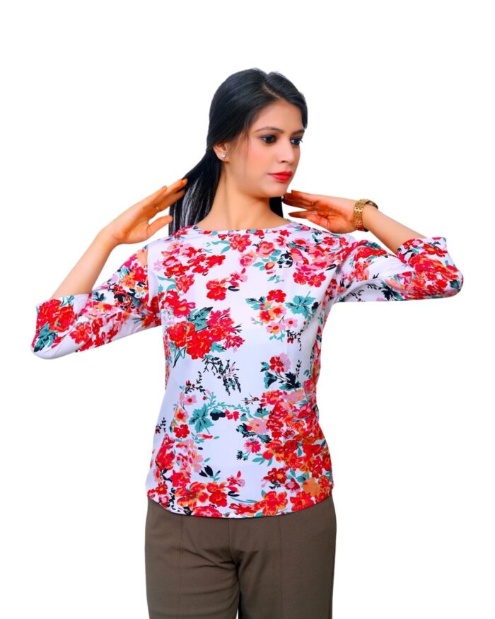 Dr. SaaB Casual White Floral Top Regular Fit for Women, 3/4 Sleeve - Image 2