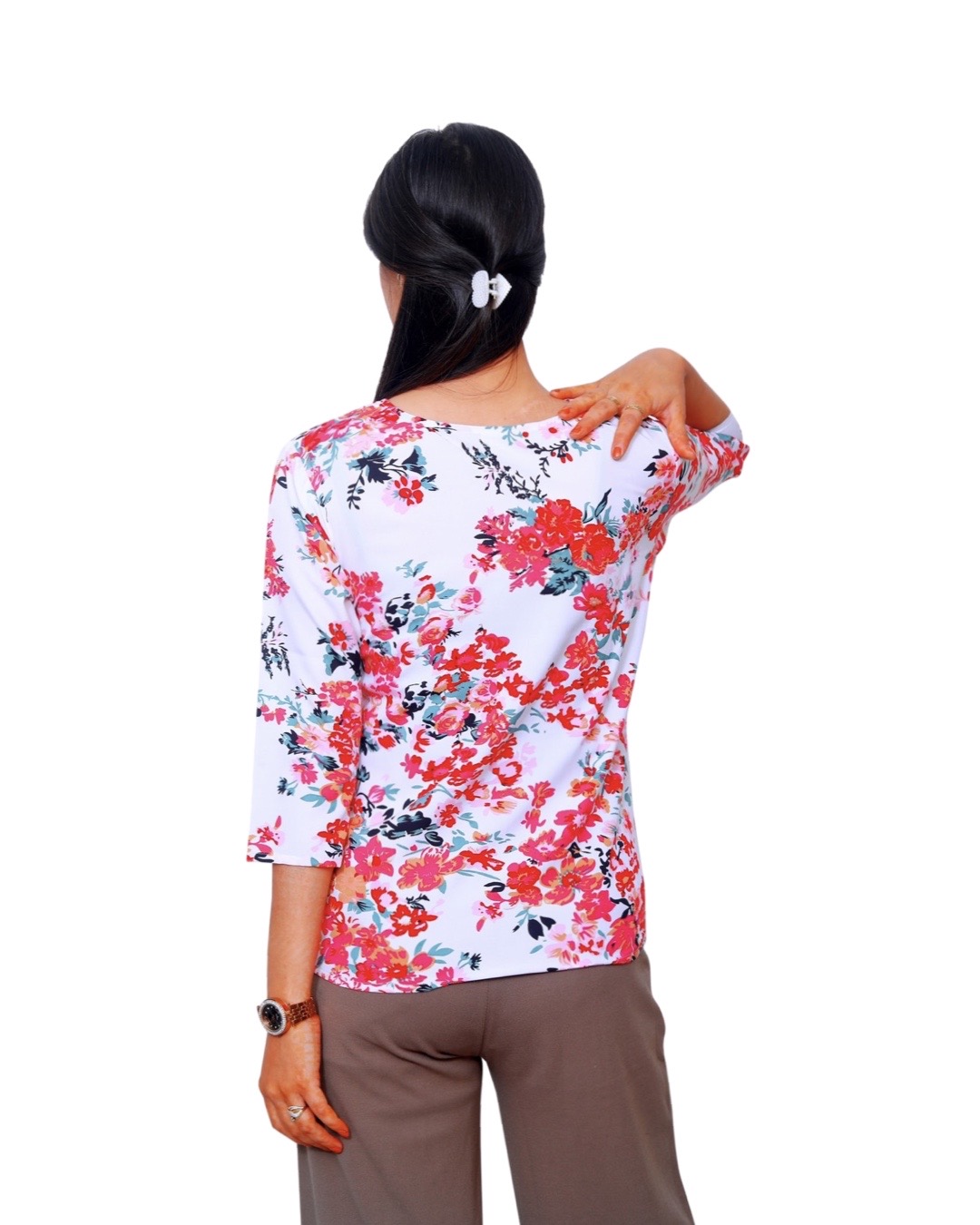 IMG-1533 Dr. SaaB Casual White Floral Top Regular Fit for Women, 3/4 Sleeve - Image 4