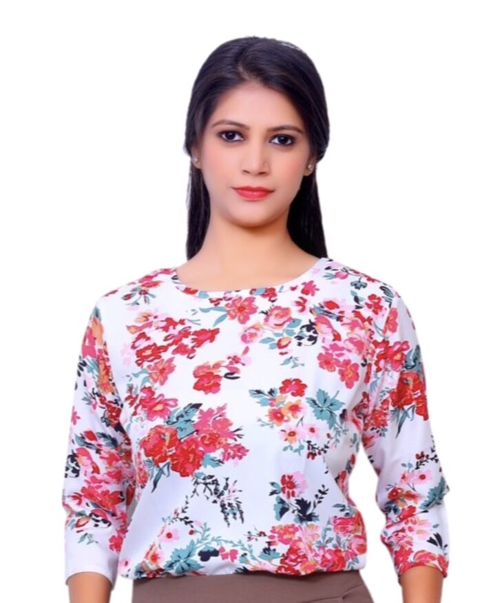 Dr. SaaB Casual White Floral Top Regular Fit for Women, 3/4 Sleeve - Image 5