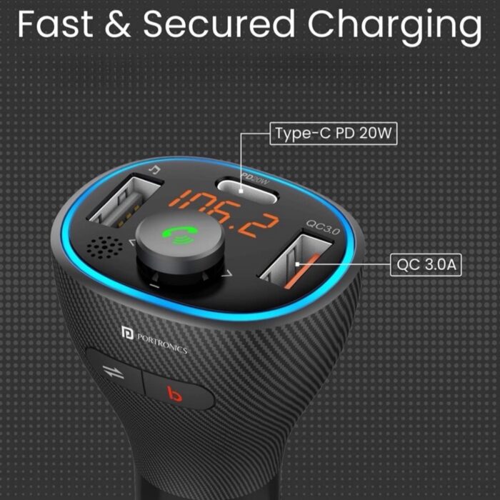 Portronics Auto 15 Bluetooth - FM Transmitter, Hands-Free Calling,USB Reading (PD 20W+QC3.0) Fast Charger,(Black) - Image 5